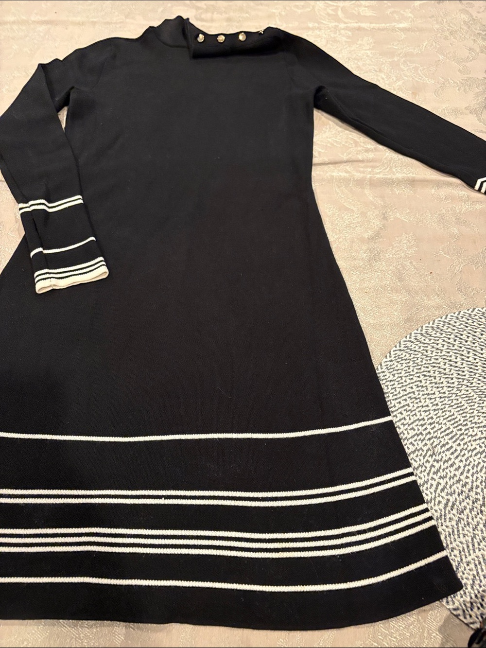 Ann Taylor Black Long-Sleeve Knit Dress with White Stripe Accents